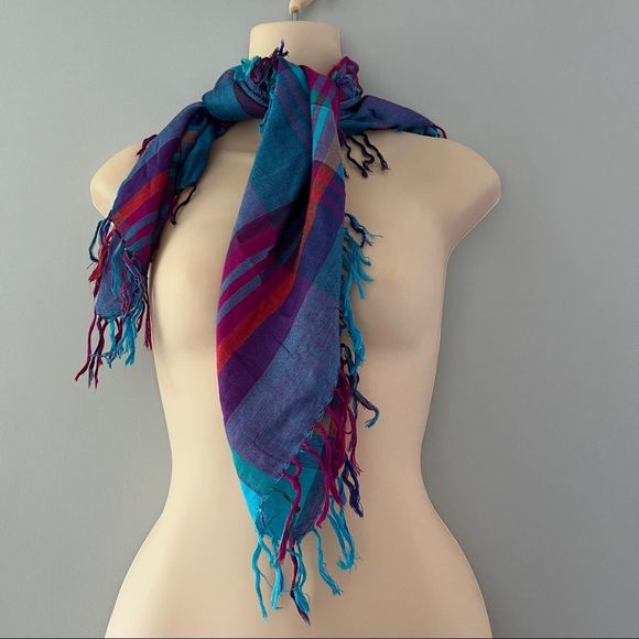 Vintage Echo Square Plaid Scarf Fringe Blue Purple - Picture 1 of 7